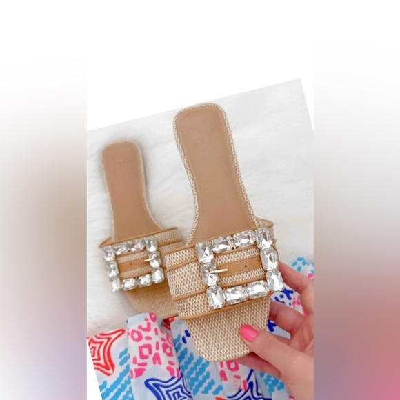 a new day Women's Kelsey Rhinestone Buckle Slide Sandals Block Heel, Raffia 8.5 - Picture 3 of 8